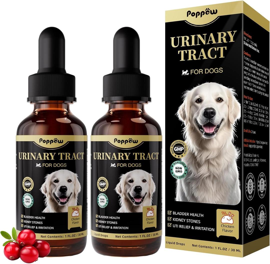 (2 Pack) POPPAW Dog UTI Treatment & Urinary Tract Support  Natural Herbal Drops with High Cranberry Extract, Vitamin B6 for Urine pH Balance, Bladder & Kidney Function, Chicken Flavor, 2 OZ