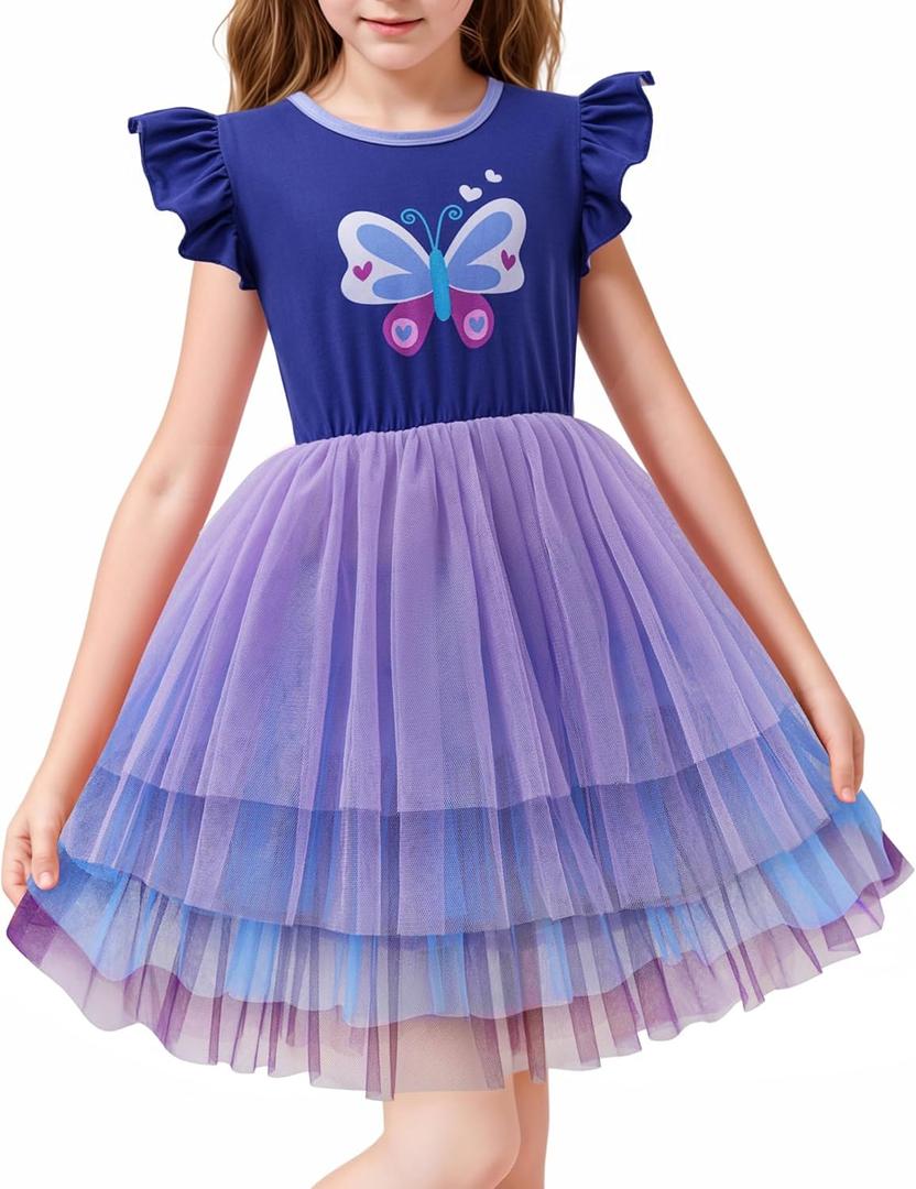 LQSZ Girls Tulle Dresses Princess Flutter Sleeve Tutu Dress for Toddler Girl 3-12 Years (S)