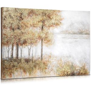 Briful Beige Gold Forest Abstract Wall Art Large Wrapped Canvas Artwork Modern Landscape Oil Painting Hand-Painted Botanical Wall Decor for Living Room Home Office Christmas Decor, 30"x40" Unframed