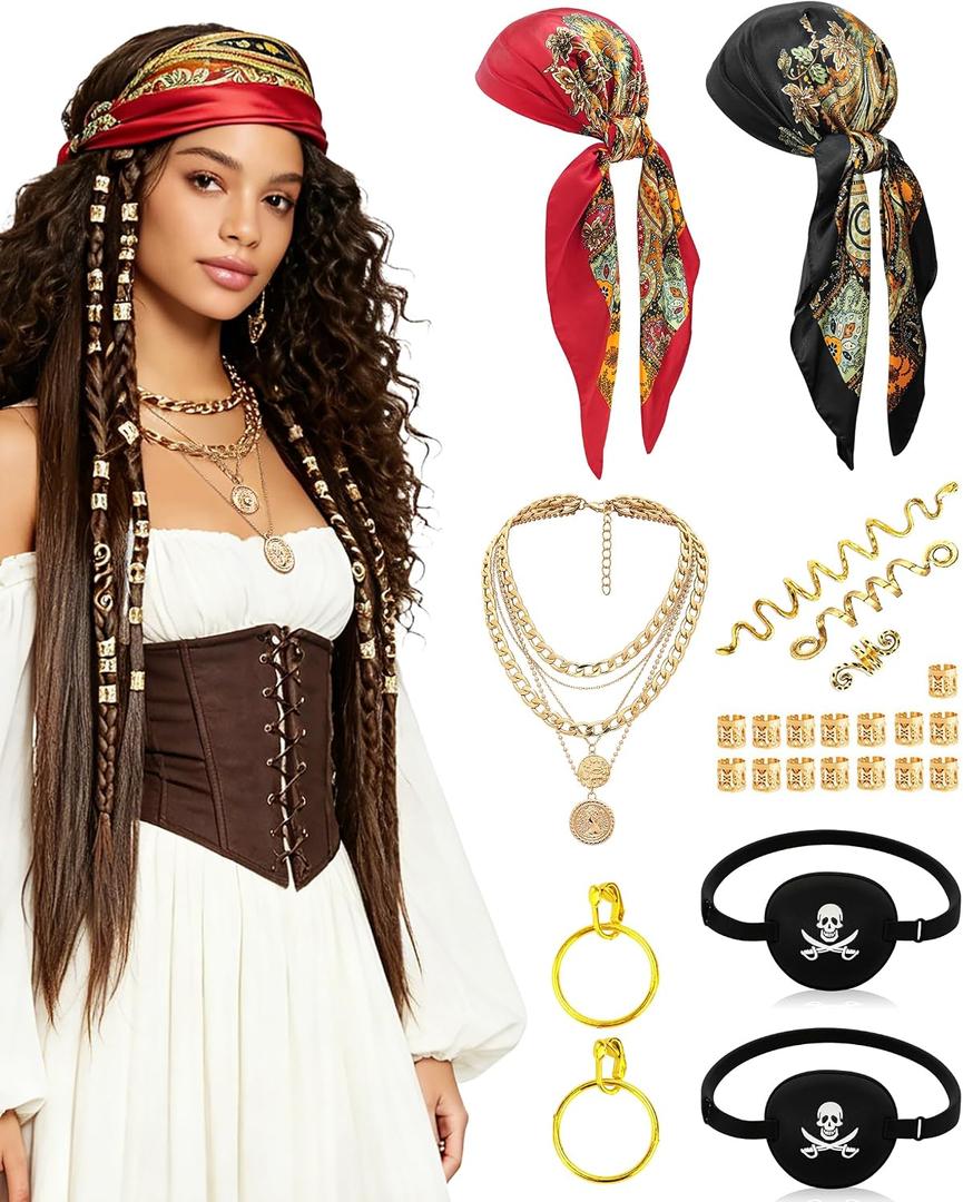 Pirate Accessories Set for Women, 25PCS Pirate Costume Kit with Scarves Eye Patches for Halloween Cosplay Fair
