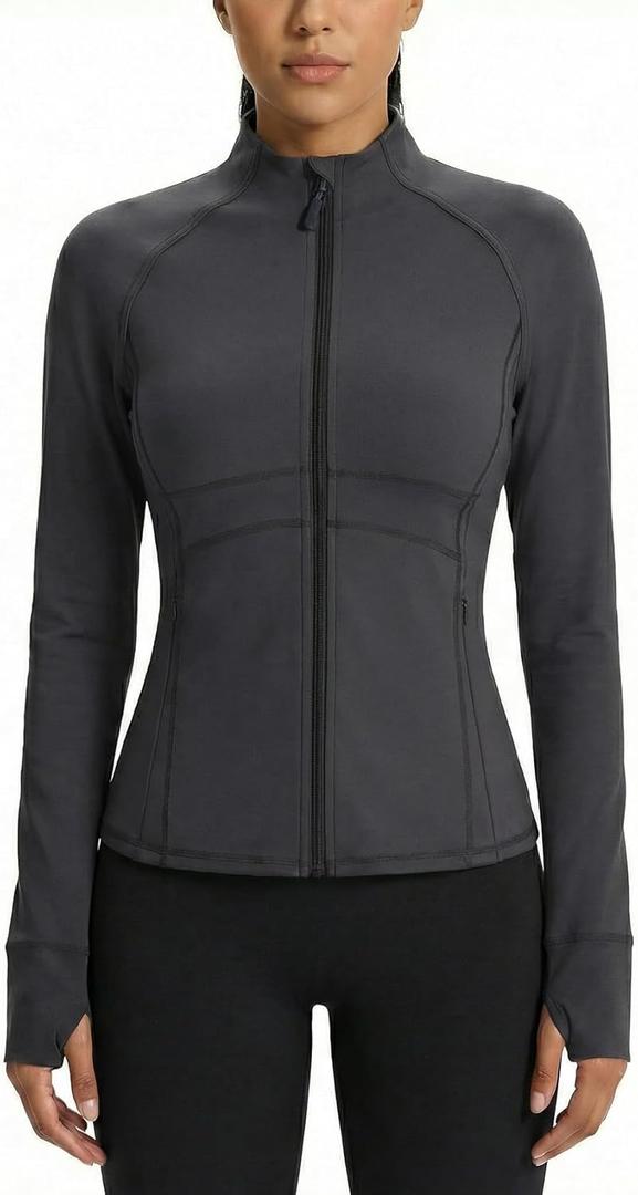 Waitfairy Zip Up Jackets for Women Yoga Gym Top Running Workout Jackets for Woman Track Jacket Women with Thumb Holes (Large, Grey)