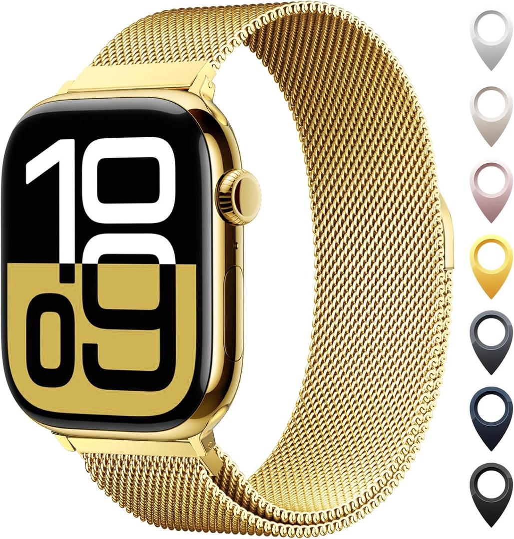 Original Stainless Steel Mesh Loop Compatible with Apple Watch 38mm 40mm 41mm 42mm 44mm 45mm 46mm 49mm Women Men, Magnetic Clasp Replacement for iWatch Bands Series 11 10 9 8 7 6 5 4 Ultra SE 3 2 1 (Golden)
