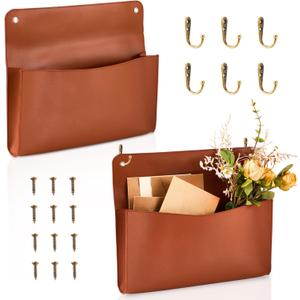 Marspark 2 Set PU Leather Mail Holder Wall Mount Brown Leather Letter Holder 2 Ring Binder Hanging Wall File Organizer Mail Sorter for Decor Storage Letter Postcards Home Office, 12.2 x 10.24 Inch