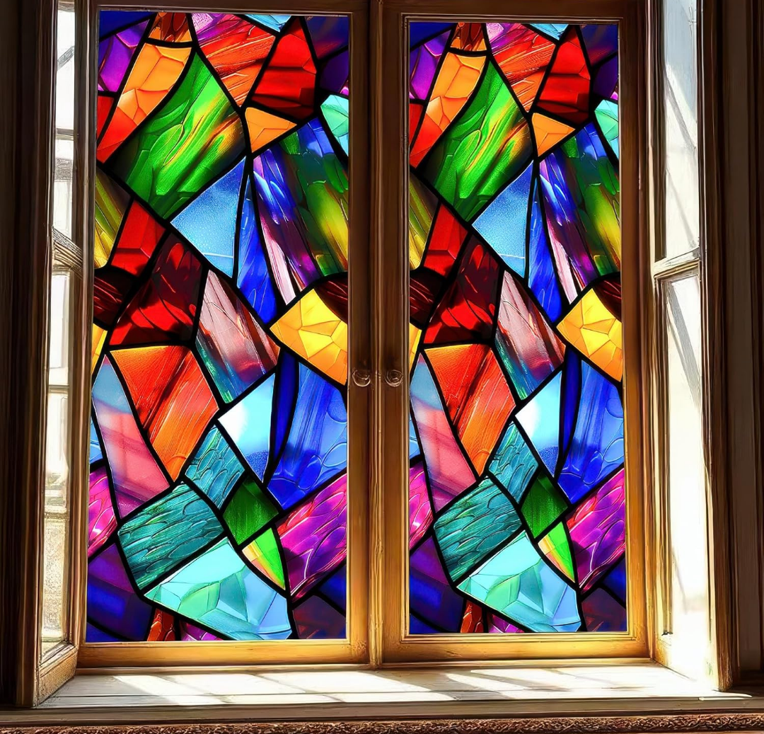 Stained Glass Window Film Geometry Iridescent Flakes Window Privacy Film Stained Decals Static Cling Sun Blocking Decor for Home Office Windows Door Glass Partitions 17.7x39.3 inch