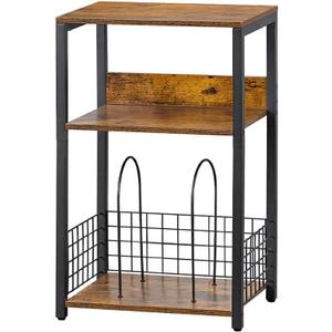 Side Table with Storage Basket, 3-Tier End Table with Metal Frame, Storage Rack