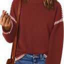 Dokotoo Sweaters for Women Fashion Solid Crewneck Loose Fit Long Sleeve Contrast Cable Knit Pullover Sweater Jumper Tops (XX-Large, Red)
