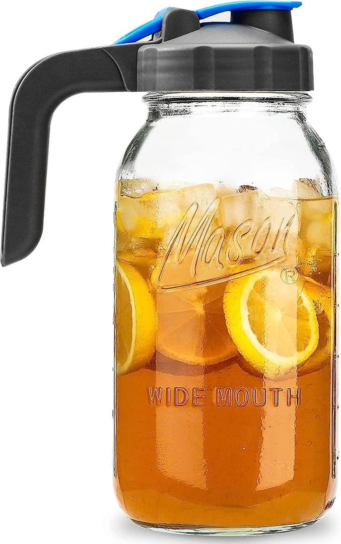 Half Gallon Mason Jar Pitcher Large Wide Mouth 64 oz with Lid - 2 Quart for Iced Tea, Sun Lemonade, Coffee, Airtight, Set of 1