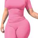 Lounge Wear Casual 2 Piece Outfits Sets for Women Skinny Crew Neck T-shirt High Waist Leggings Shorts Workout Set (Pink, XXL)