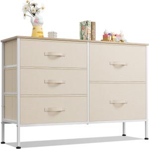 WLIVE 5 Drawer Fabric Dresser for Bedroom, Wide Storage Chest, Cream