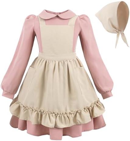 LTAKK Pioneer Dress Girls Colonial Costume Prairie Pilgrim Girl Dresses with Pinafore and Headscarf Small