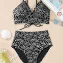 Herseas Women's Embroidered Flowers Bikini Sets Scalloped V Neck Swimsuits High Waisted Bathing Suits (Black, L)