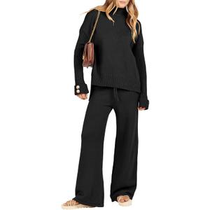 ANRABESS Women's 2 Piece Outfit Sweater Lounge Sets Long Sleeve Knit Pullover Wide Leg Pant Tracksuit Loungewear 2025 Fashion Black Medium