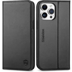 SHIELDON Case for iPhone 15 Pro Max 6.7", Genuine Leather Wallet Folio [Magnetic Closure] [RFID Blocking Card Slot] [Kickstand] Full Protection Case Compatible with iPhone 15 Pro Max 2023 - Black