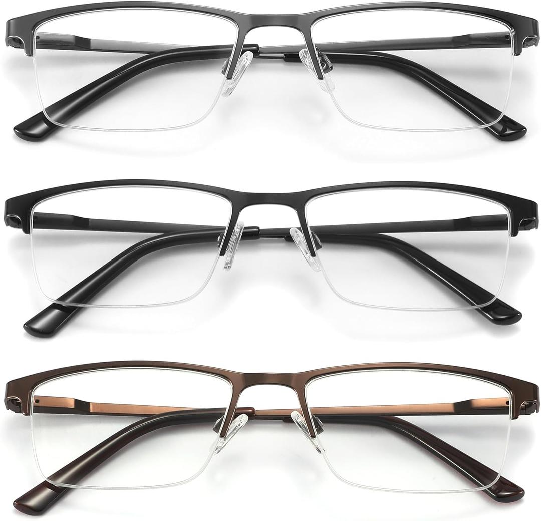 acavefox 3 Pack Blue Light Blocking Reading Glasses Men Readers 1.0-4.0 | Accurate 1.0 Magnification, Anti UV, Metal Semi-frame, Spring Hinge, Lightweight Sturdy Trendy Eyeglasses