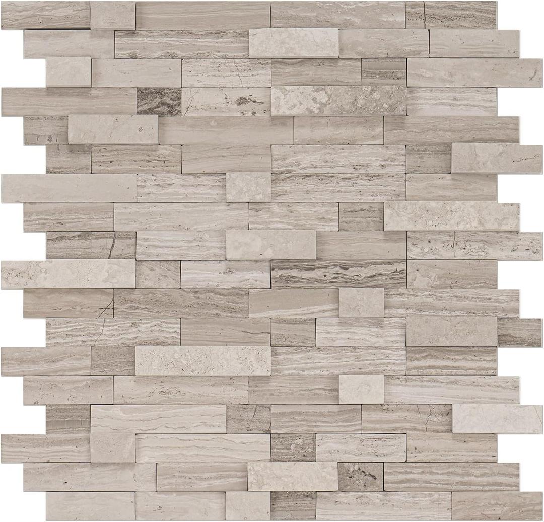 Peel and Stick Stone Tile, 5-Sheet Peel and Stick Stone Mosaic Backsplash 11.5" x 10.7" 3D Marble Look Backsplash Tiles for Kitchen Fireplace (Gray Mixed Tan)