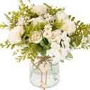 Kimura's Cabin Artificial Flowers with Vase Silk Peonies Fake Flowers in Vase Hydrangeas Faux Flower for Office Home Table Centerpiece Bathroom Arrangement Decorations(White)