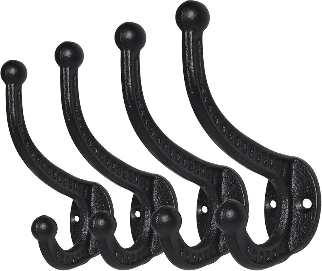 Sopicoz Cast Iron Coat Hooks Pack of 4 Farmhouse Vintage Hooks, Heavy Duty Rustic Wall Mounted Hooks for Hanging Indoors & Outdoors (Black)