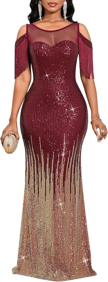 Women Cold Shoulder Sequin Evening Gown, Tassel Sleeve Gradient Formal Maxi Dress for Prom, Wedding (Medium)