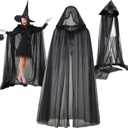 Maiteenly 2 Pcs Halloween Witch Cape for Women Black Lace Cape Costumes Set Lace Cloak with Oversized Hood and Black Pointed Witch Hat for Women Cosplay Party Costume