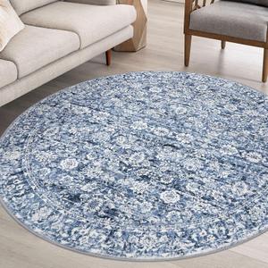 Blue 6' Round Rug Washable Rug for Entryway Soft Non-Slip Area Rugs Distressed Floral Low-Pile Carpet, Neutral Vintage Circle Rugs for Living Room Dining Bedroom Foyer (Blue/White)