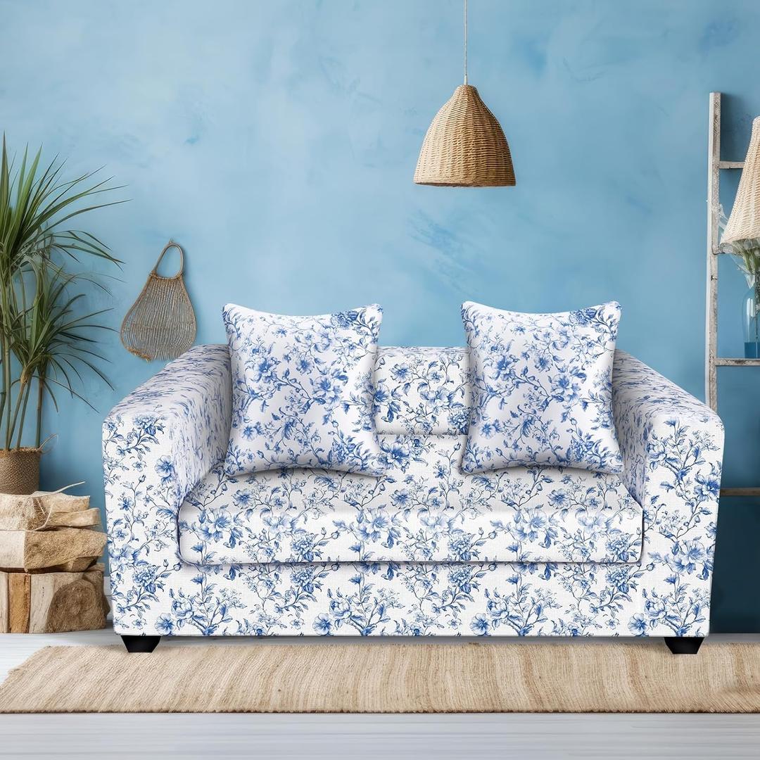 Chinoiserie Printed Sofa Cover Stretch Couch Cover with Throw Pillow Case Blue White Floral Sofa Slipcover for Living Room Decoration(2 Seat)