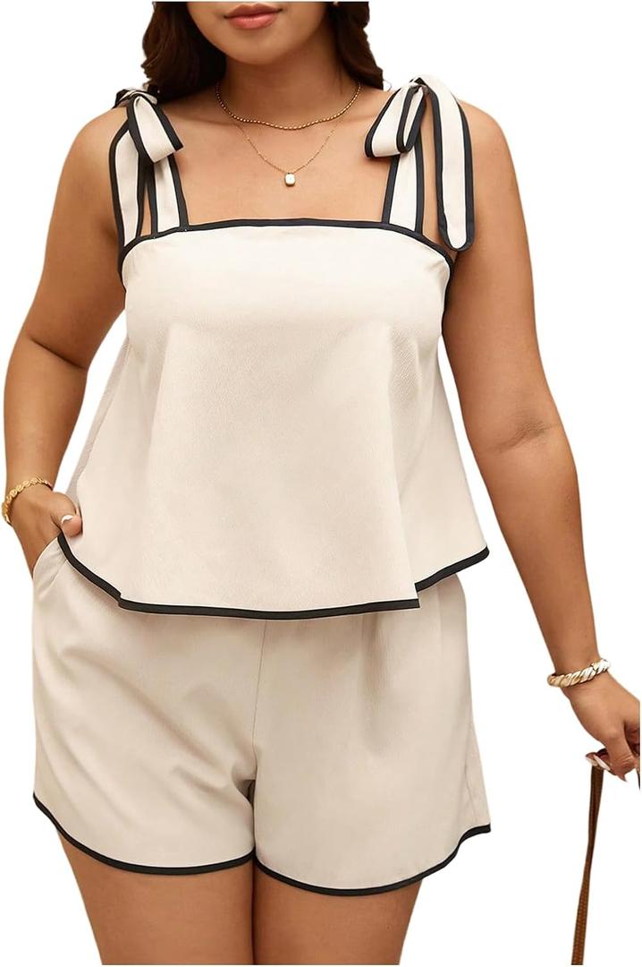 OYOANGLE Women's Plus Size 2 Piece Set Tie Shoulder Tank Top and Shorts Lounge Sets Summer Outfits (Beige, XXXL)