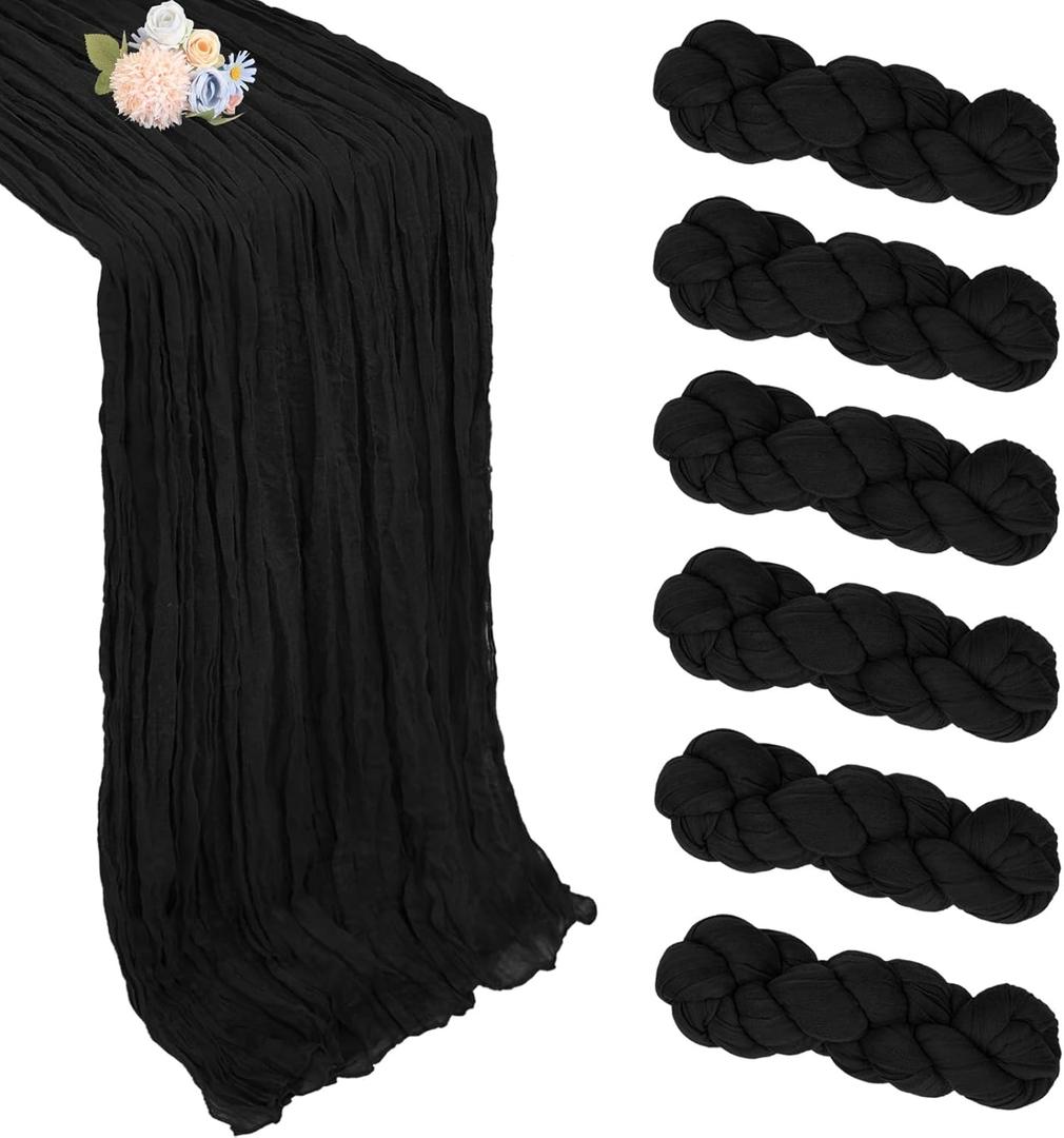 6 Pack Black Cheesecloth Table Runner 10ft Boho Gauze Fabric Cheese Cloth Table Runner 35 x 120 Inch Rustic Sheer Runner for Romantic Wedding Decor Baby Shower Party Table Decoration (6 Pcs - 10Ft)