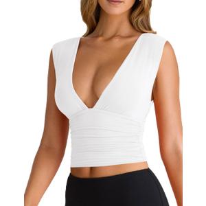 YFANG Women's Sexy Deep V-Neck Ruched Sleeveless Crop Tank Top Stretchy Double Layer Slim Fitted Going Out Crop Top (Large, White) YFANG Women's Sexy Deep V-Neck Ruched Sleeveless Crop Tank Top Stretchy Double Layer Slim Fitted Going Out Crop Top (Large, White)