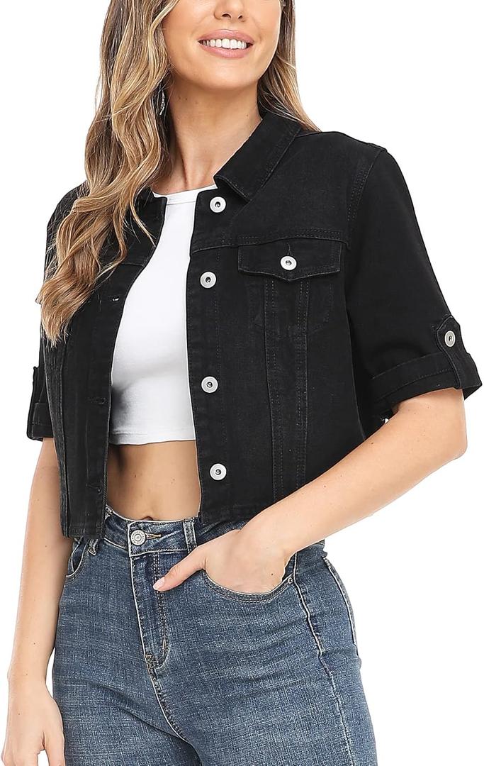 MISS MOLY Women's Cropped Denim Jackets Summer Short Sleeve Classic Casual Jean Jackets (XX-Large, Black)