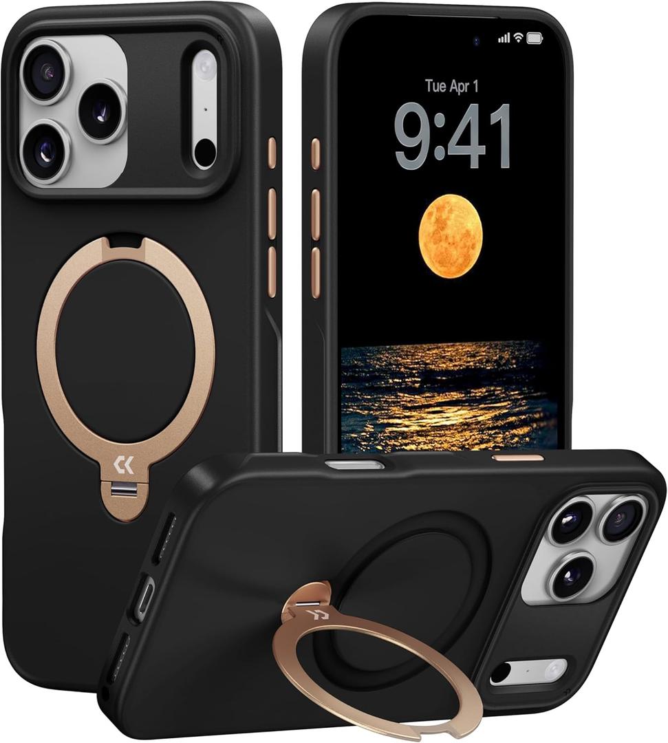 CASEKOO Midnight Black Designed for iPhone 17 Pro Case with Spin Magnetic Stand [16FT Military Protection] [Non-Slip Edge] [Fit for MagSafe] MagicStand 360 for iPhone 17 Pro case with Stand 6.3''