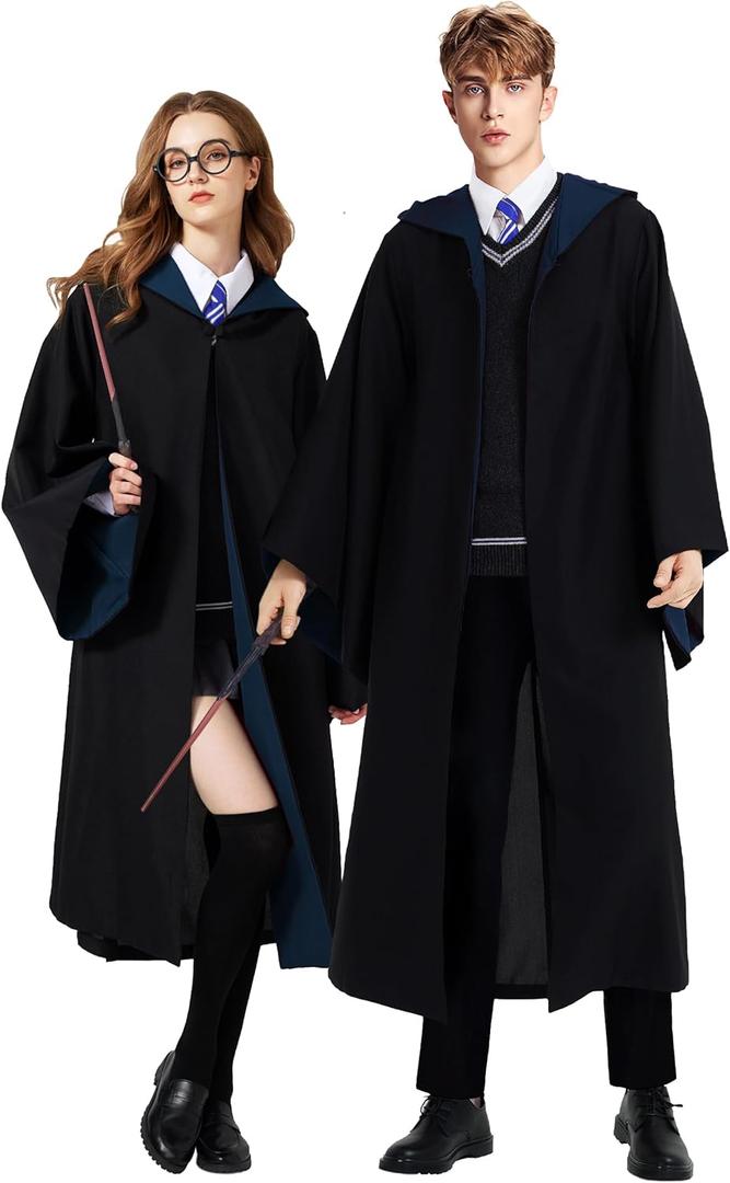 Unisex Wizard Robe Cloak,Magical College Outfit Cape Hooded,Wizard Halloween Costume for Women & Men (Large, Black+blue)
