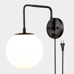 DAYCENT Farmhouse Plug-in Wall Sconces Black Swing Arm Globe Sconces Wall Lighting with On/Off Switch Plug-in Cord
