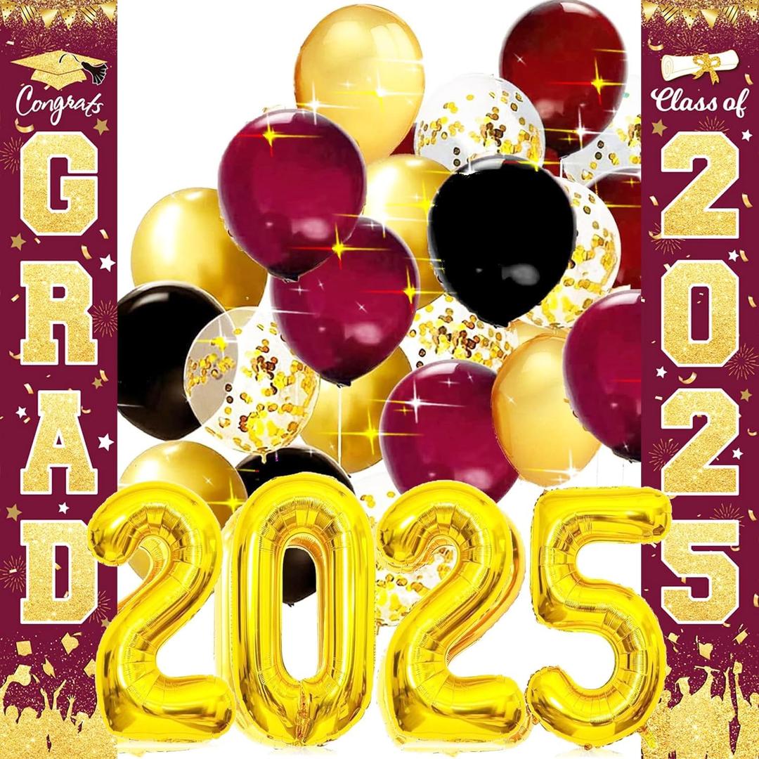 Graduation Decorations Maroon Gold 2025/Burgundy Maroon Graduation Party Decorations ASU/FSU Congrats Grad Porch Sign Burgundy Gold Balloons