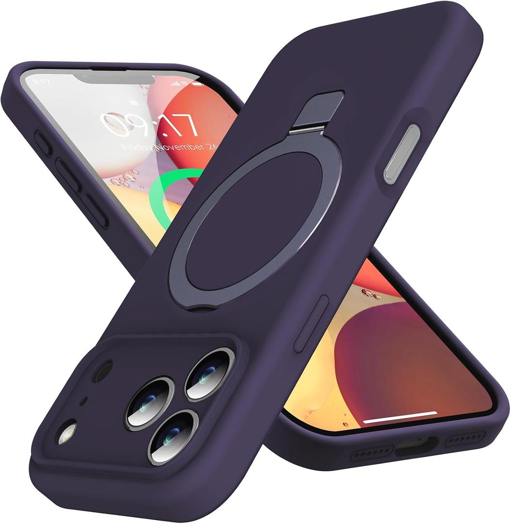 Designed for iPhone 17 Pro Case with Magnetic Invisible Stand, [Compatible with Mag-Safe][Full Camera Protection]Liquid Silicone Shockproof Phone Case with Anti-Scratch Microfiber Lining, Purple