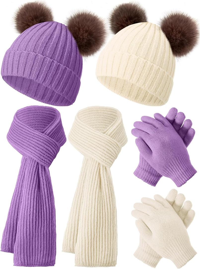 JaGely 2 Sets Kids Winter Hat Gloves Scarf Set Girls and Boys Knit Hat with Pom Warm Scarf Snow Gloves for 3-10 Years Toddler