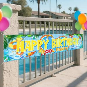 Pool Birthday Party Decorations Banner Large Colorful Pool Happy Birthday Yard Banner Swimming Pool Party Supplies for Summer Beach Hawaiian Luau Tropical Birthday Baby Shower Party Outdoor Decor