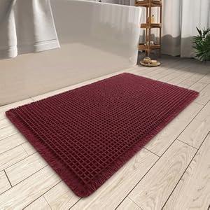 AMOAMI Upgraded Waffle Bath Mat, Super Absorbent Non Slip Bath Mats for Bathroom Floor, Machine Washable Bathroom Rugs with Tassels, Rubber Backed Bathroom Mats, Ultra Soft, 20" x 32", Burgundy