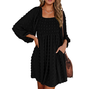 BTFBM Womens Long Sleeve Dress Vacation Square Neck Smocked Floral Swiss Dot Mini Boho Fall Wedding Guest Dresses 2025 L