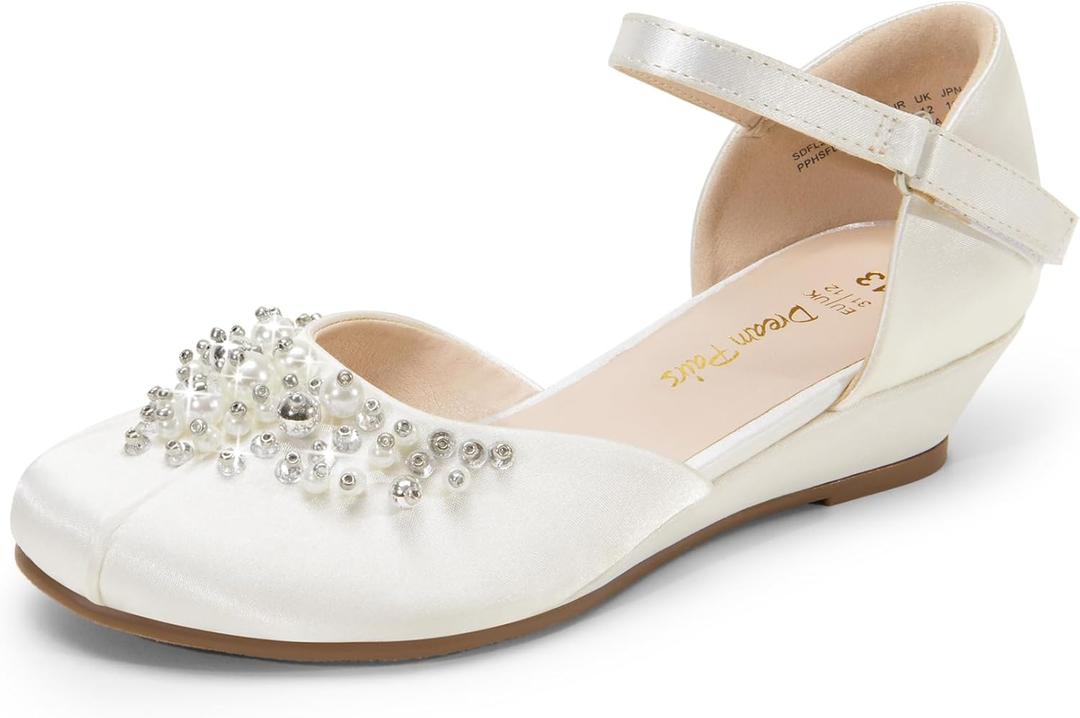 DREAM PAIRS Girls Dress Shoes Toddler Little Big Girls Heels Low Wedge Pumps with Pearls Rhinestone for Flower Girl Princess Wedding Party (13 Little Kid, Ivory)