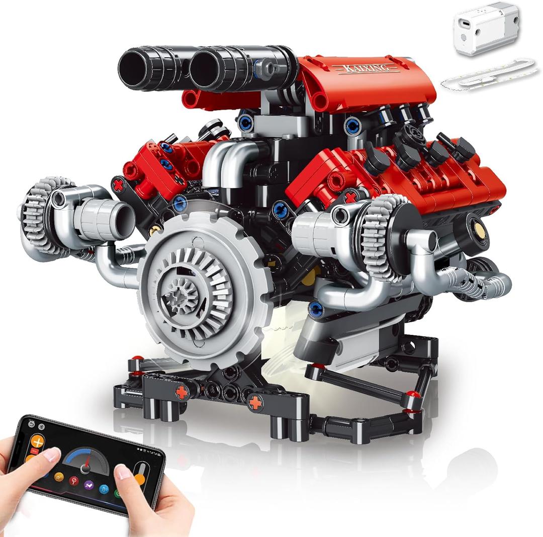 V8 Engine Model Kit That Work - 8-Cylinder Visible Engine Building Blocks Set with Motor, LED Light & APP Control - Build Your Own Engineering Kit, STEM Project for Adults & Kids (660 PCS)