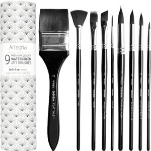 ARTEGRIA Watercolor Brush Set, 9 Professional Soft Synthetic Squirrel Paint Brushes, Including Round Detailers, Flat Wash, Rigger, Rake, Fan, Angled Shader