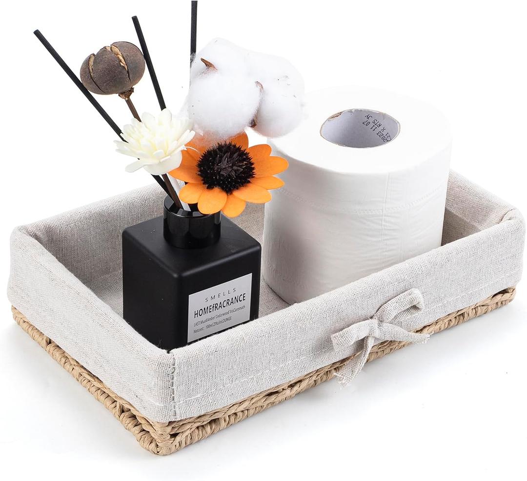 Bathroom Tray Wicker Toilet Paper Basket Toilet Tank Trays for Countertop Storage Behind Bathroom Tray Organizer Toilet Tank Top Basket Suitable for Any Home Dcor Style (9.8x5.9x2.36 In, Beige)