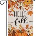 Heyfibro Hello Fall Pumpkin & Fallen Leaves Garden Flag 12x18 Double Sided Burlap, Autumn Maple Leaf Flower Yard Flags for Thanksgiving Rustic Seasonal Outside Outdoor Decoration (ONLY FLAG)