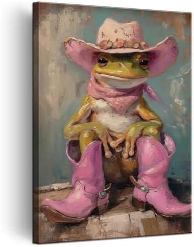 Funny Frog with Cowgirl Hat Boots Canvas Wall Art Eclectic Pink Preppy Frog Poster Print Trendy Cute Animal Wall Decor Pictures Funky Maximalist Girly Home Dorm Decoration 12x16in