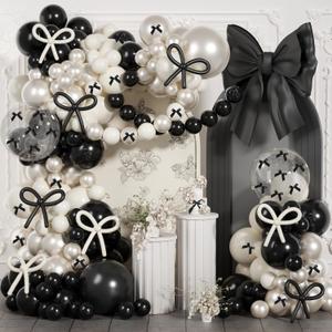 JOGAMS 199Pcs Black and White Balloons Arch Garland Kit, Black Bow Party Decorations with 260 Clear Ribbon Pearl White Balloons for Bow Coquette Birthday Decorations Bachelor Baby Shower Bridal Shower