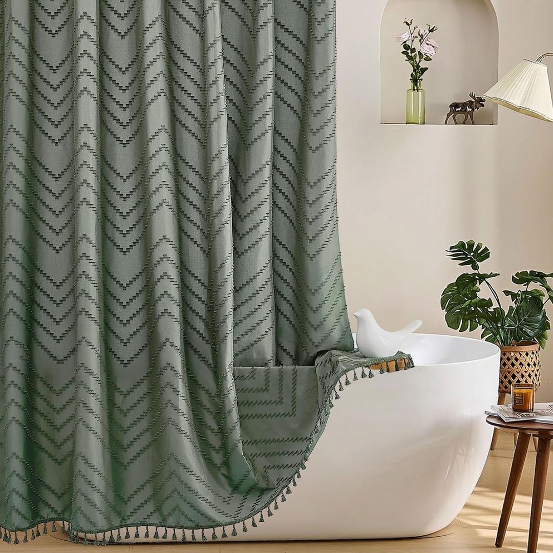 Boho Extra Long Sage Green Shower Curtain with Tassel, Woven Fabric, Tufted Chevron Striped, 72 x 78, Modern Chic Textured Minimalist