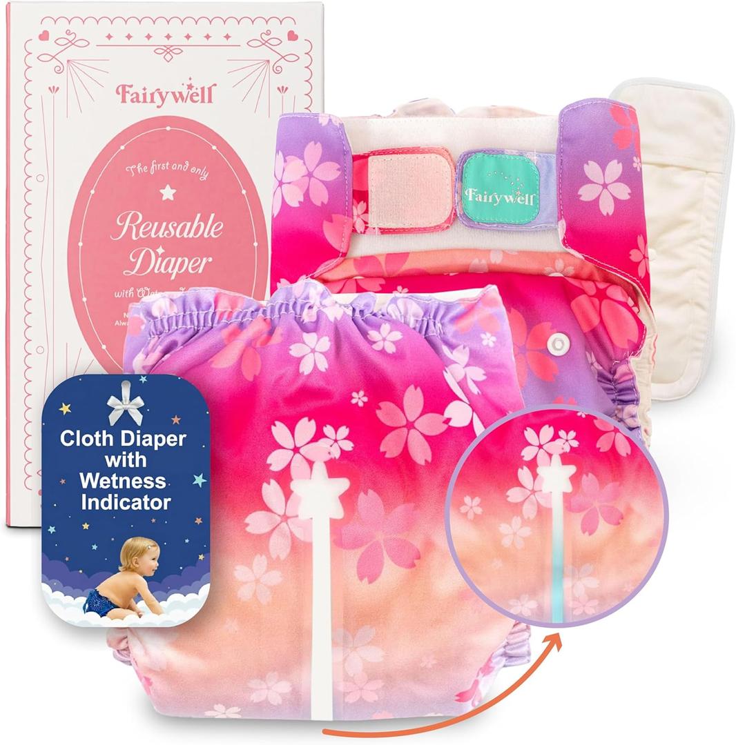 Reusable Cloth Diapers with Wetness Indicator, Swim Diaper, 1 Waterproof Skin Friendly Covers＆Insert One Size Adjustable Washable Diapers for Baby (11-33 pounds, 0-3 Years, Cherry Blossom)