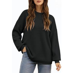 Saodimallsu Womens Crew Neck Sweater Tops Long Sleeve Fuzzy Fall Casual Loose Cozy Knit Pullover Sweaters (Small, Black)