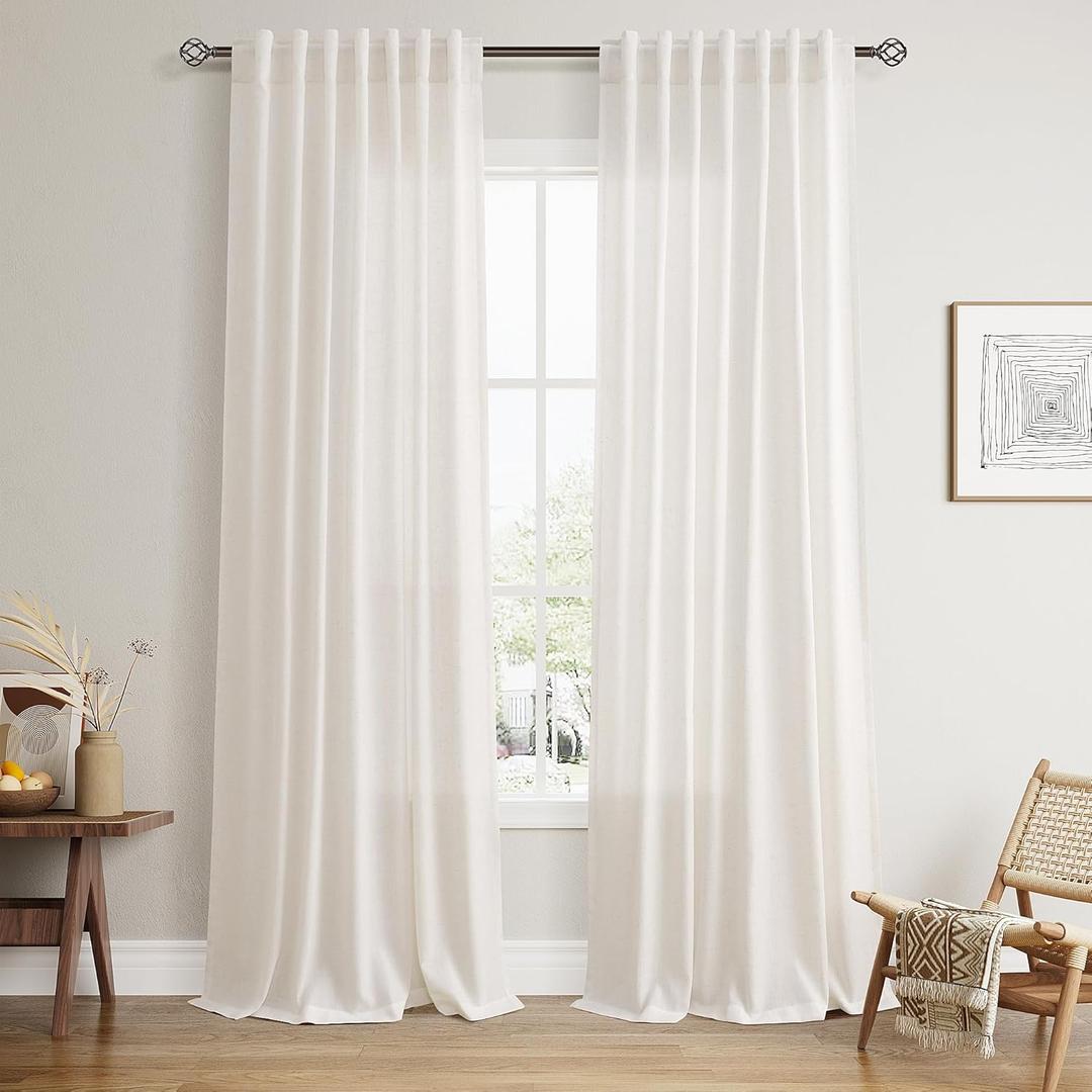 Ivory White Linen Curtains 50 x 96 inches Long Living Room Back Tab Rod Pocket Semi Sheer Curtain Boho Privacy Light Filtering Thick Linen Drapes for Bedroom, Ivory White, Set of 2 Panels