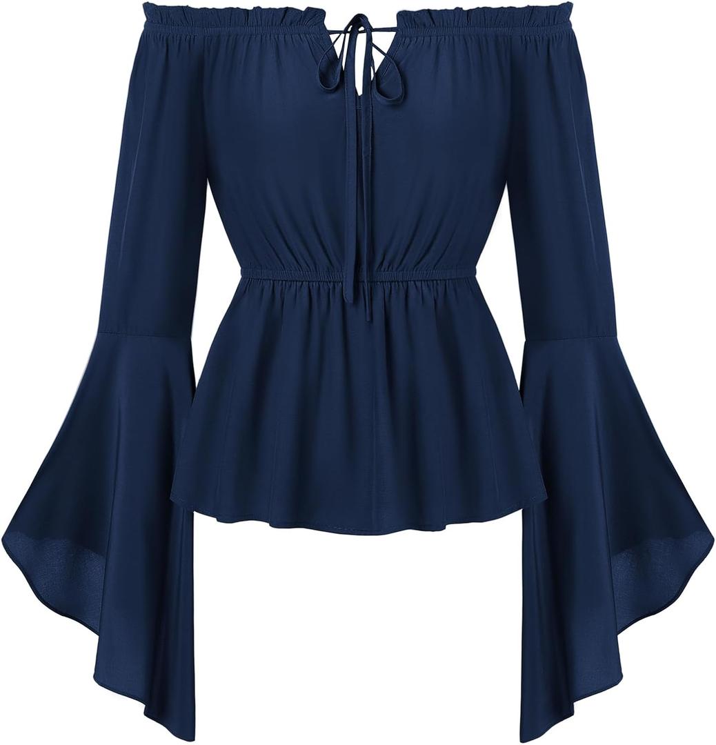 SCARLET DARKNESS Renaissance Shirt Women Peasant Blouse Bell Sleeve Off Shoulder Tops Pirate Costume, XL